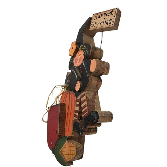 VTG Harvest Greetings Witch Wood Sign Fall Autumn Folk Art Rustic Crazy Mountain - Picture 4 of 8